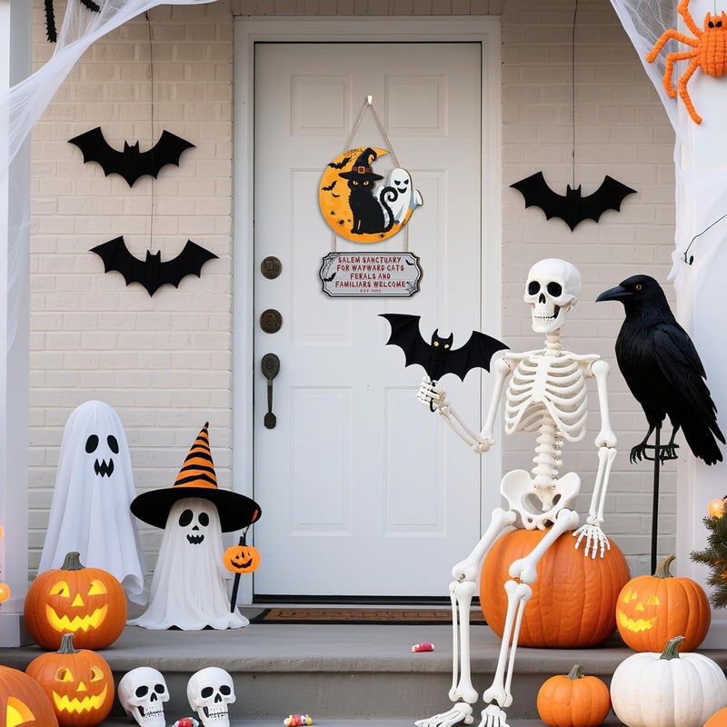 Aurlan Halloween Door Sign Cat,Black Cat Halloween Wall Decor,Spooky Ghost Door Decor,Moon Black Cats Ghost Wooden Hanging for Haunted House Outdoor Indoor Porch Room Yard - Image 3