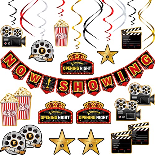 Sumind 45 Pieces Movie Night Decorations Party Decorations Kit Now Showing Banner Hanging Swirls Movie Theater Themed for Bridal Shower Birthday Party Supplies Film Backdrop - Image 1