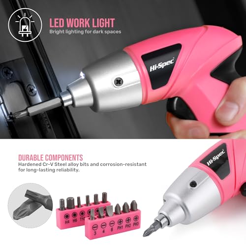 Hi-Spec Cordless Electric Screwdriver, Power Screw Driver Set with Pink Compact Tool Kit for Small Repair and Maintenance- Ideal Housewarming Gift,19 Piece - Image 4
