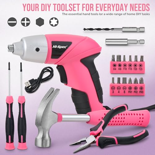 Hi-Spec Cordless Electric Screwdriver, Power Screw Driver Set with Pink Compact Tool Kit for Small Repair and Maintenance- Ideal Housewarming Gift,19 Piece - Image 2