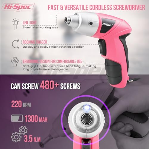 Hi-Spec Cordless Electric Screwdriver, Power Screw Driver Set with Pink Compact Tool Kit for Small Repair and Maintenance- Ideal Housewarming Gift,19 Piece - Image 3