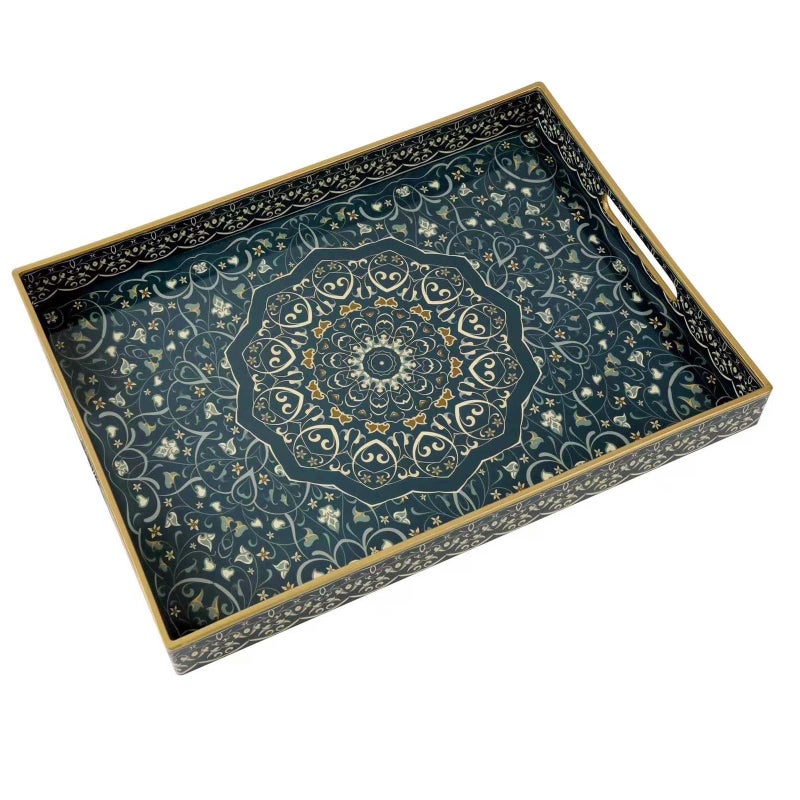 Fuukou Plastic Serving Tray with HandlesLarge Ottoman Tray for Living RoomLarge Rectangle Trays for Ottoman Coffee TableDecorative Blue Boho Serving Trays for Home Decor16 x 12