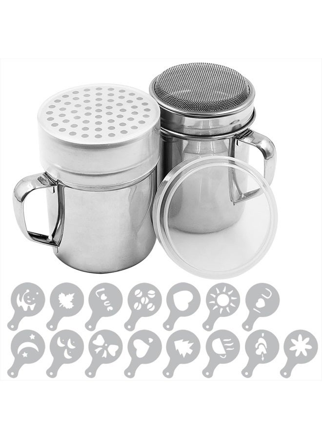 SENHAI Powdered Sugar Shaker Duster with Handle, SENHAI 2pcs Stainless Steel Powder Shakers for Sugar Pepper Cinnamon Powder Flour with Printing Molds Stencils - Fine & Large Mesh - Image 1