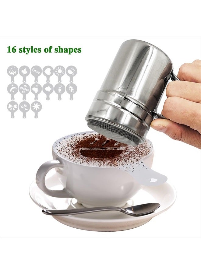 SENHAI Powdered Sugar Shaker Duster with Handle, SENHAI 2pcs Stainless Steel Powder Shakers for Sugar Pepper Cinnamon Powder Flour with Printing Molds Stencils - Fine & Large Mesh - Image 5