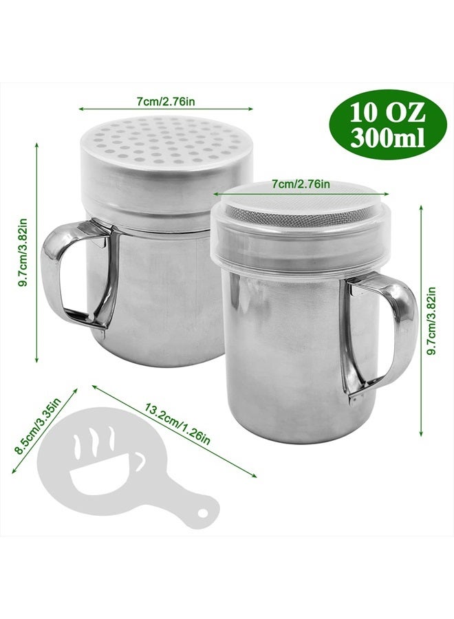 SENHAI Powdered Sugar Shaker Duster with Handle, SENHAI 2pcs Stainless Steel Powder Shakers for Sugar Pepper Cinnamon Powder Flour with Printing Molds Stencils - Fine & Large Mesh - Image 2