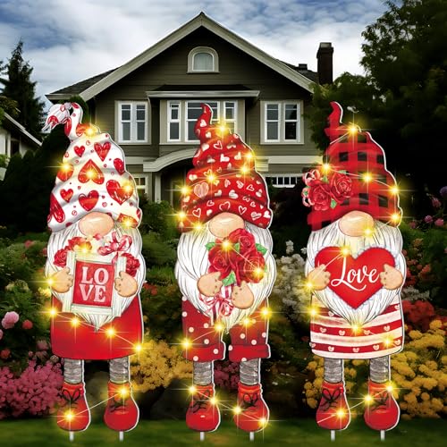 Baquler 3 Pcs Valentine‘s Day Yard Sign Gnome Outdoor Decorations with Stakes LED Lighted Lawn Gnomes Heart Flower Love Outdoor Sign for Valentine Party Anniversary Wedding Lawn Garden Yard - Image 1