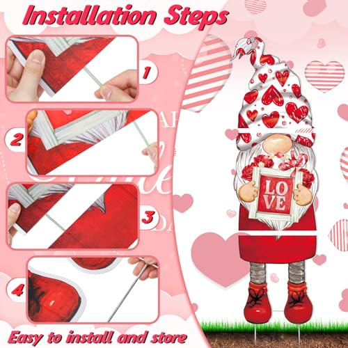 Baquler 3 Pcs Valentine‘s Day Yard Sign Gnome Outdoor Decorations with Stakes LED Lighted Lawn Gnomes Heart Flower Love Outdoor Sign for Valentine Party Anniversary Wedding Lawn Garden Yard - Image 3