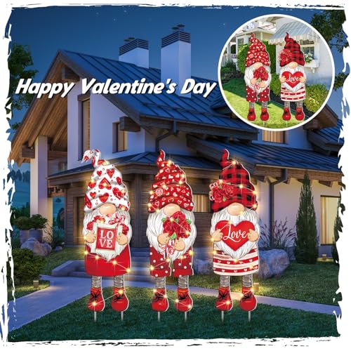 Baquler 3 Pcs Valentine‘s Day Yard Sign Gnome Outdoor Decorations with Stakes LED Lighted Lawn Gnomes Heart Flower Love Outdoor Sign for Valentine Party Anniversary Wedding Lawn Garden Yard - Image 5