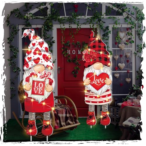 Baquler 3 Pcs Valentine‘s Day Yard Sign Gnome Outdoor Decorations with Stakes LED Lighted Lawn Gnomes Heart Flower Love Outdoor Sign for Valentine Party Anniversary Wedding Lawn Garden Yard - Image 4