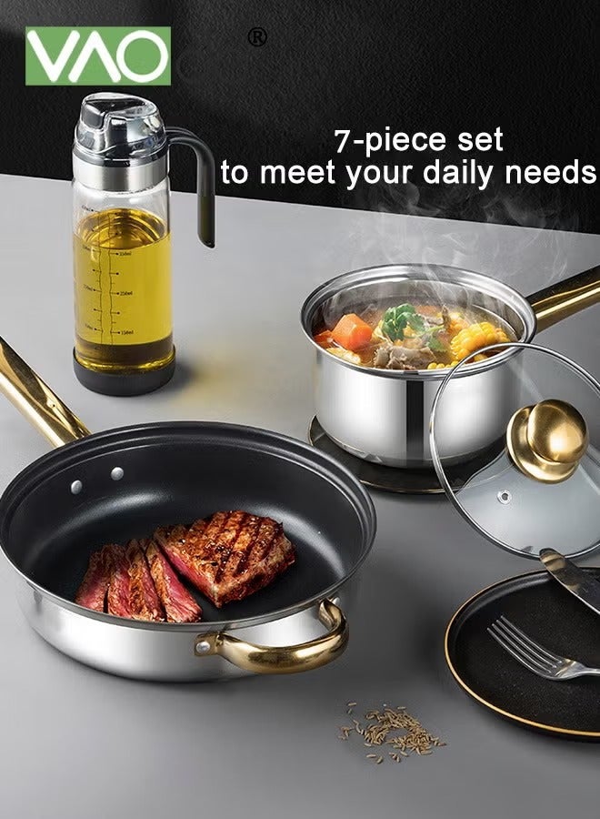 فاو دو 7 قطعة من القدور والمقالي المصنوعة من الفولاذ المقاوم للصدأ مجموعة تجهيزات المطابخ المطبخ يعمل مع مواقد الحث الكهربائية والغازية أواني ومقالي غسالة الصحون مجموعة طهي المطبخ مع مقابض تبقى باردة - Image 2