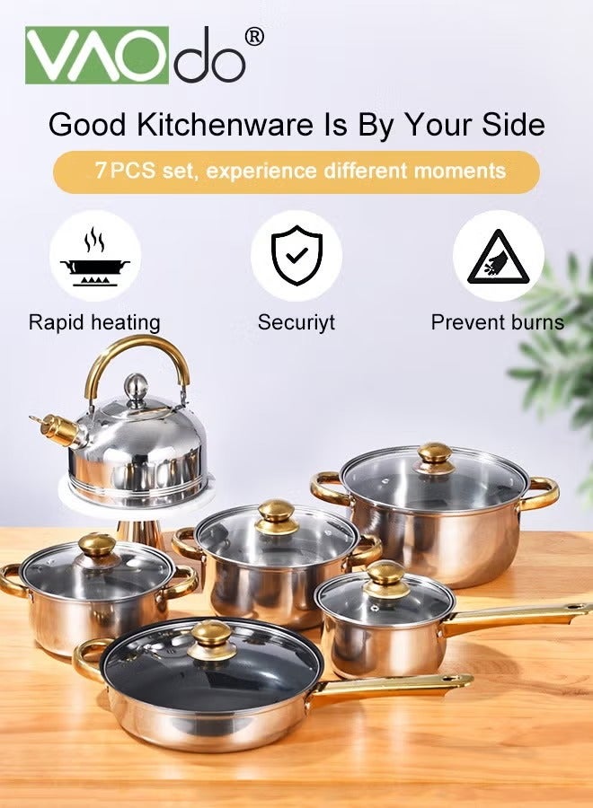 فاو دو 7 قطعة من القدور والمقالي المصنوعة من الفولاذ المقاوم للصدأ مجموعة تجهيزات المطابخ المطبخ يعمل مع مواقد الحث الكهربائية والغازية أواني ومقالي غسالة الصحون مجموعة طهي المطبخ مع مقابض تبقى باردة - Image 3