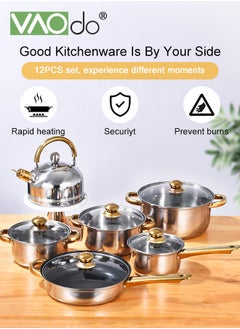 VAOdo 12PCS Stainless Steel pots and pans Kitchen Cookware Set Works with Induction Electric and Gas Cooktops Dishwasher Pots and Pans Kitchen Cooking Set with Stay-Cool Handles  - Image 3
