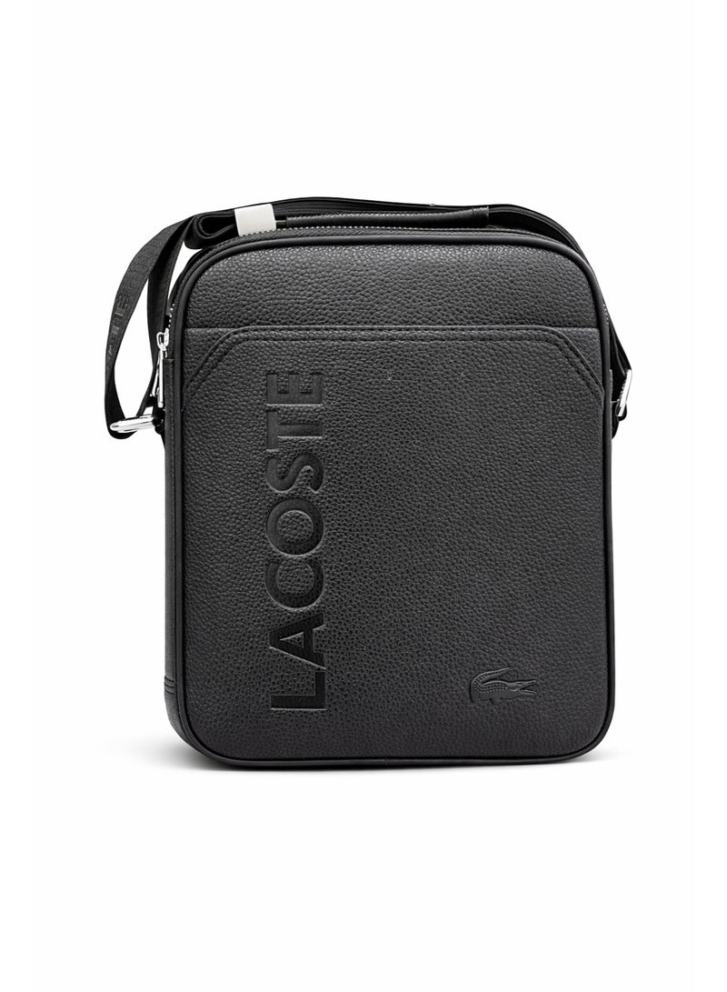Lacoste Black Crossbody Bag – Textured Leather Compact Shoulder Bag with Embossed Logo