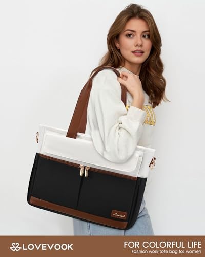 LOVEVOOK Upgrade Version Work Bags for Women 156 Inch Laptop Bag Large Capacity Mutiple Pockets Teacher Bag Water Resistant Canvas Tote Bag Purse for Office Travel College Nurse Teacher Black Brown - Image 3