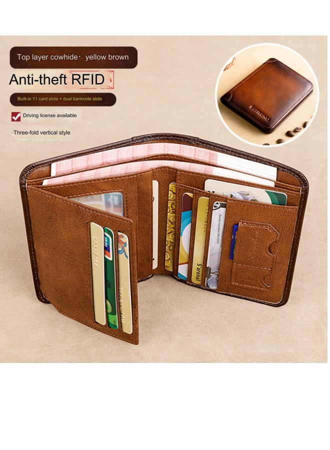 banyanu Men's Genuine Leather RFID Anti-Theft Brush Vertical Retro First-Layer Cowhide Wallet Yellow-Brown - Image 1