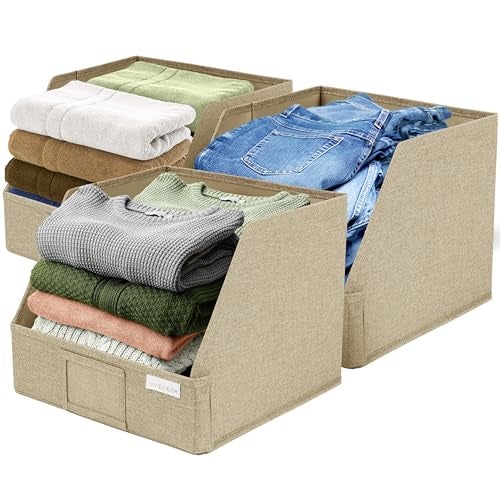 VIVIDECOR Open Front Storage Cubes 12x12x10 Trapezoid Closet Shelf Bins Easy Access Fabric Organizer for Clothes Towels Sweaters Brown 3 Pack - Image 1