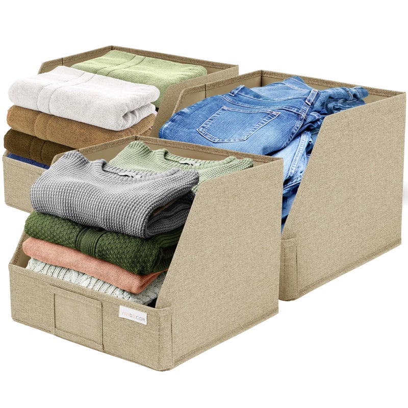 VIVIDECOR Open Front Storage Cubes 12x12x10 Trapezoid Closet Shelf Bins Easy Access Fabric Organizer for Clothes Towels Sweaters Brown 3 Pack - Image 2