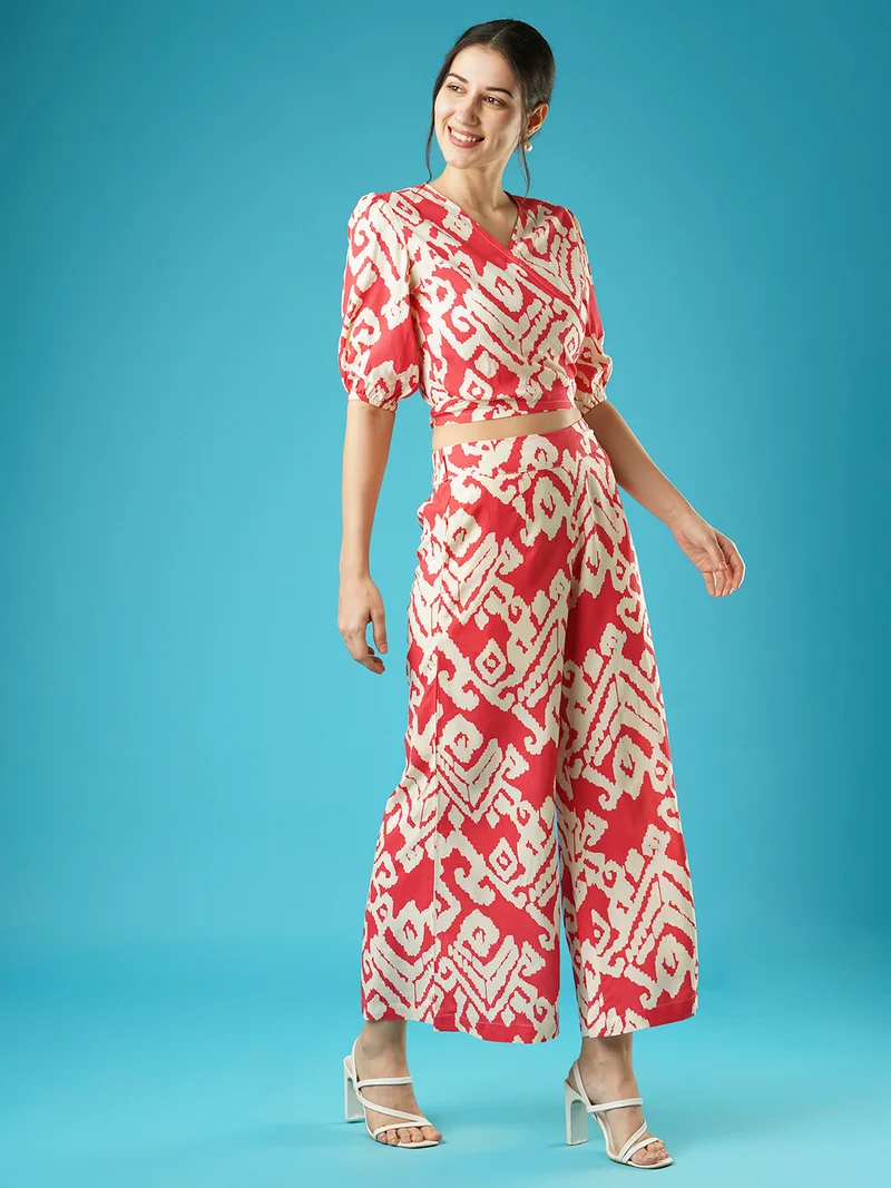 globus Women Abstract Print Wrap Neck Tie-Back Top & Palazzos Co-Ord Set
