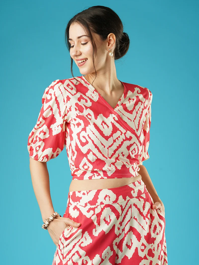 globus Women Abstract Print Wrap Neck Tie-Back Top & Palazzos Co-Ord Set