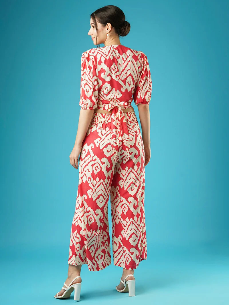 globus Women Abstract Print Wrap Neck Tie-Back Top & Palazzos Co-Ord Set