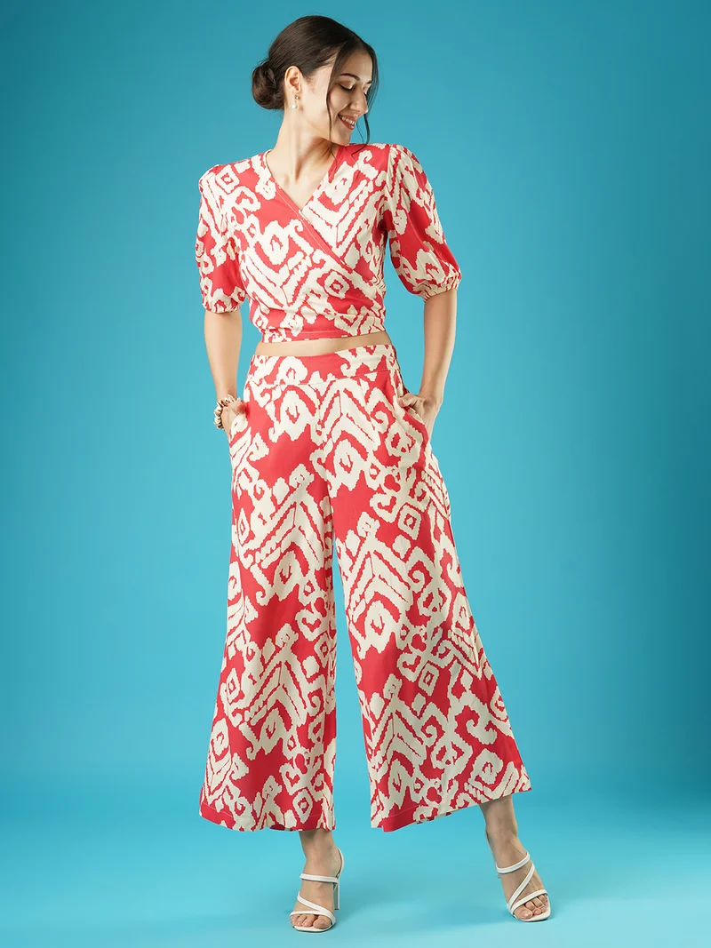 globus Women Abstract Print Wrap Neck Tie-Back Top & Palazzos Co-Ord Set