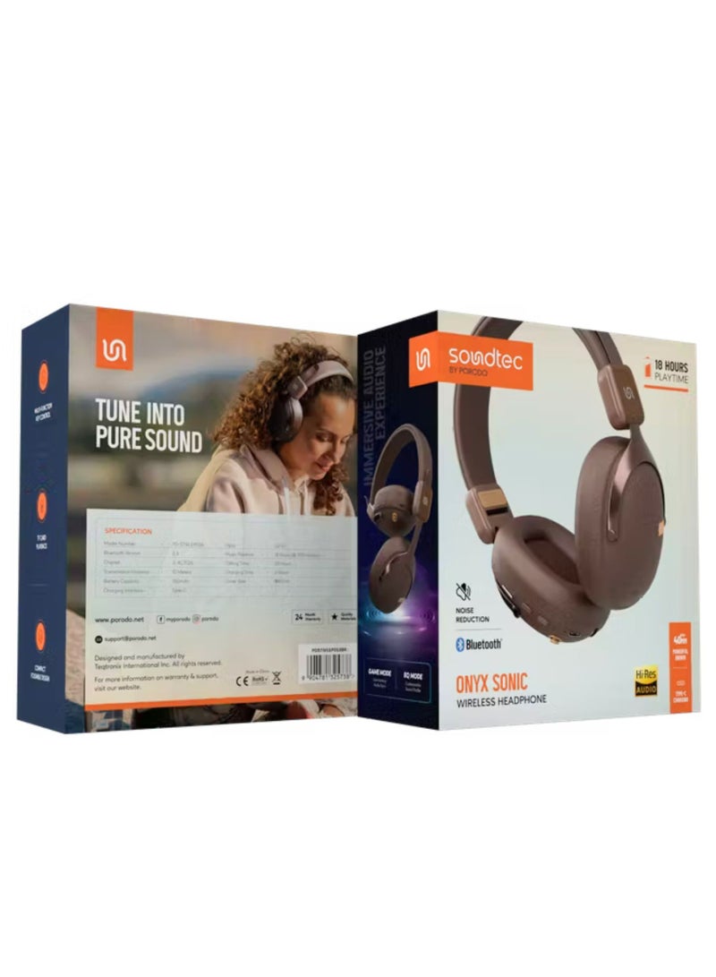 porodo Soundtec Onyx Sonic Wireless Headphones – Noise Reduction, Bluetooth 5.4, Type-C Charging, 2H Charge, 18H Playtime, 10m Range, Game & EQ Modes, TF Card Support, Foldable, Multi-Function Controls-Brown  - Image 5