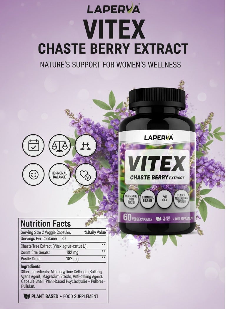 Laperva Vitex Chaste Berry Extract 60 Veggie Capsules – Plant-Based Hormonal Balance Support for Women, Helps with PMS & Menstrual Cycle Regularity - Image 2