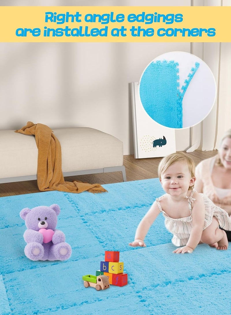 TAPIT 12 Pcs Interlocking Carpet Shaggy Soft EVA Foam Mats 11.8 x 11.8 Inch Fluffy Area Rugs Protective Floor Tiles Exercise Play Mat for Home Playroom Decor/Exercise Gym Mats (Blue 11.8 x 11.8 Inch)  - Image 5