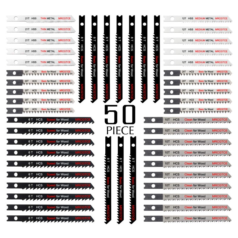 50PCS UShank Jigsaw Blades Set with Storage Case Contractor Assorted HCSHSS Jig Saw Blades for Wood Plastic and Metal Cutting 6T 8T 10T 12T 20T 21T