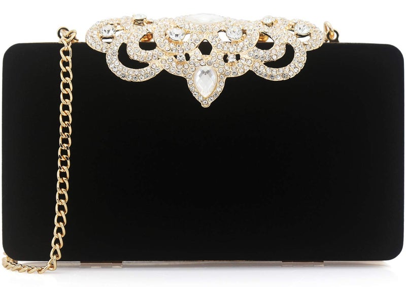 DEXMAY DM Dexmay Velvet Clutch with Rhinestone Crystal Crown Clasp Evening Bag for Formal Party Black Medium - Image 1
