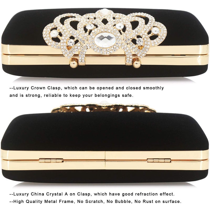 DEXMAY DM Dexmay Velvet Clutch with Rhinestone Crystal Crown Clasp Evening Bag for Formal Party Black Medium - Image 4