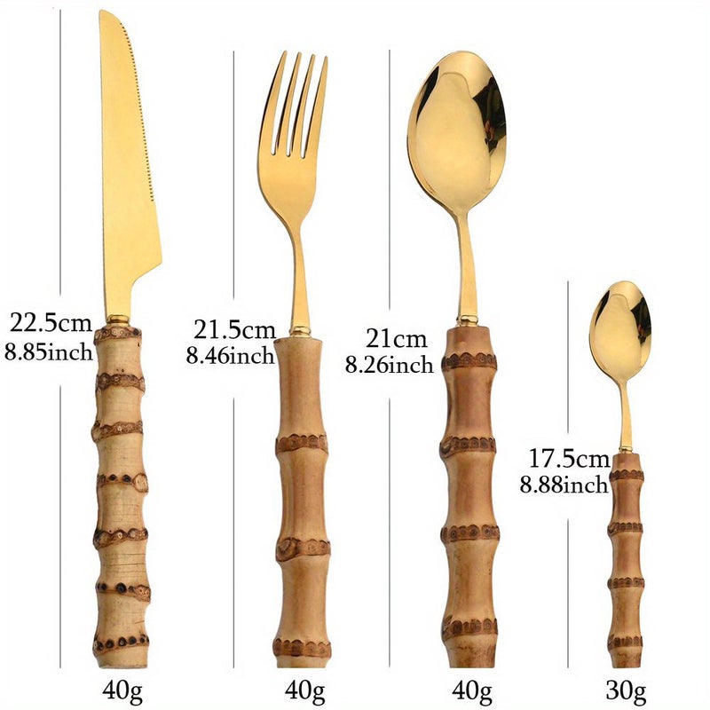 16Pcs Golden Stainless Steel Dining Set With Natural Bamboo Handles Cutlery Knives Forks Coffee Spoons For Kitchen - Image 4