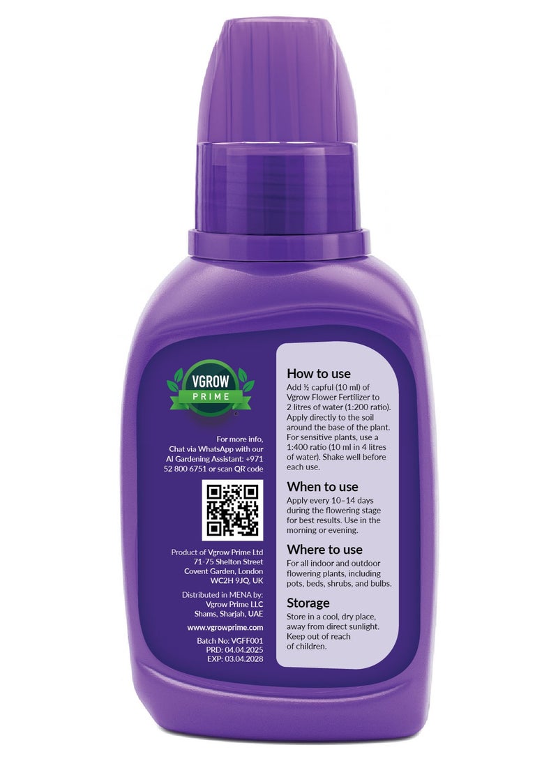 VGROW PRIME Vgrow Flower Fertilizer - 250ml Concentrated Liquid Plant Food for All Indoor and Outdoor Flowering Plants - Boosts Blooms, Odorless - Image 2