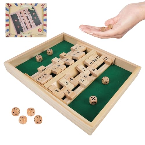 GOTHINK Wooden Shut The Box Fun Table Math Game with Wooden Board for Adults Kids 12 Spots Dice Game with 4 Dices for 2 Player Games Popular Pub Board Game Ideal for Game Night Travel - Image 1