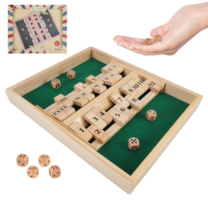 GOTHINK Wooden Shut The Box Fun Table Math Game with Wooden Board for Adults Kids 12 Spots Dice Game with 4 Dices for 2 Player Games Popular Pub Board Game Ideal for Game Night Travel - Image 3