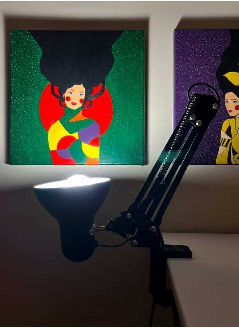 Metal Adjustable Swing Arm Desk Lamp with Interchangeable Base with Bulb- Blcak