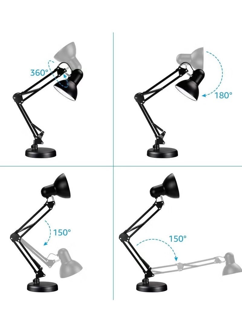 Metal Adjustable Swing Arm Desk Lamp with Interchangeable Base with Bulb- Blcak