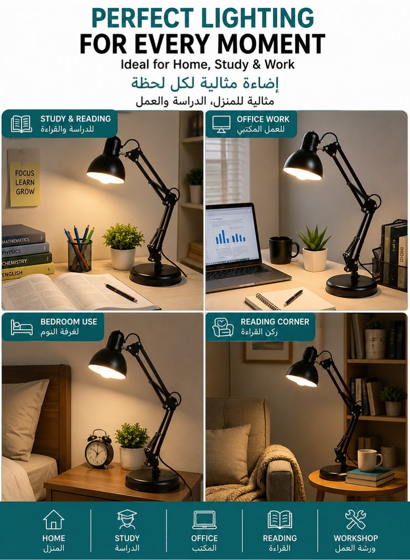 اوليو مصباح مكتب معدني أسود بذراع متحرك قابل للتعديل وقاعدة قابلة للتبديل مع لمبة E26، بقدرة قصوى 40 واط للدراسة والقراءة والعمل والمكتب المنزلي وغرفة النوم - Image 3