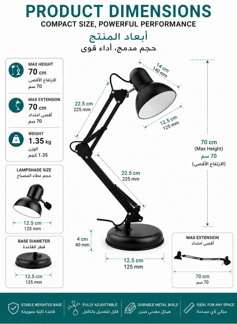 اوليو مصباح مكتب معدني أسود بذراع متحرك قابل للتعديل وقاعدة قابلة للتبديل مع لمبة E26، بقدرة قصوى 40 واط للدراسة والقراءة والعمل والمكتب المنزلي وغرفة النوم - Image 4