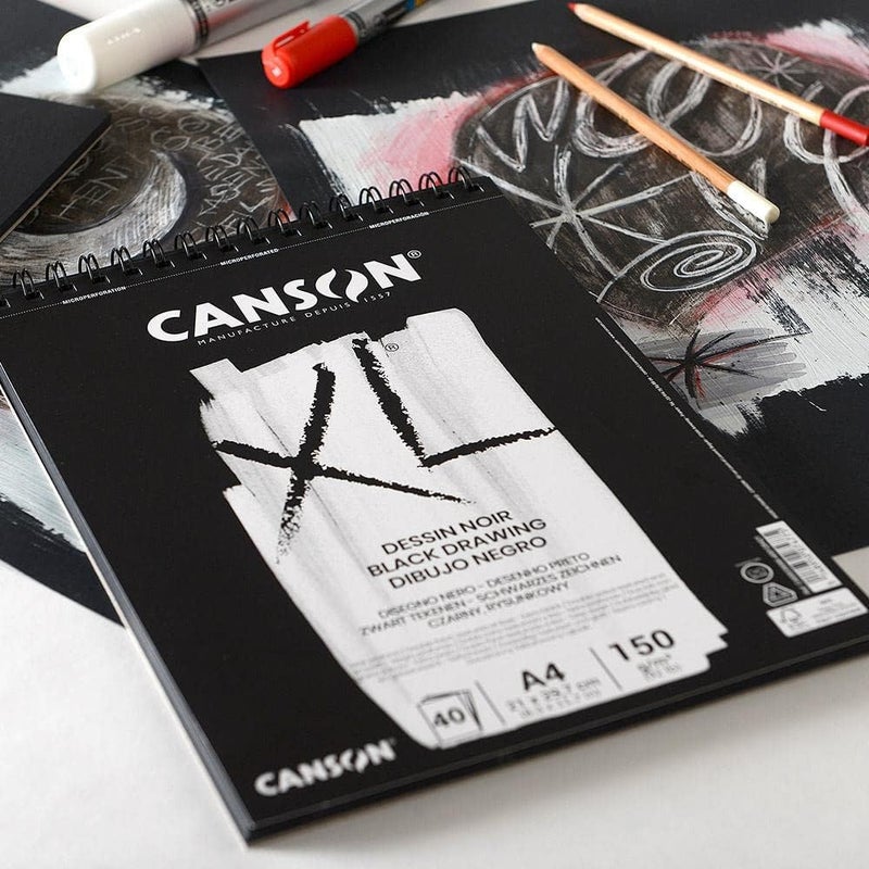 CANSON ورق رسم أسود CANSON XL 150 جرام A5 مزدوج الجوانب محبب ناعم دفتري الجانبين 20 ورقة سوداء مثالي للفنانين المحترفين والرسامين - Image 3