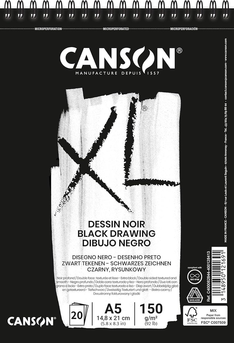 CANSON ورق رسم أسود CANSON XL 150 جرام A5 مزدوج الجوانب محبب ناعم دفتري الجانبين 20 ورقة سوداء مثالي للفنانين المحترفين والرسامين - Image 1