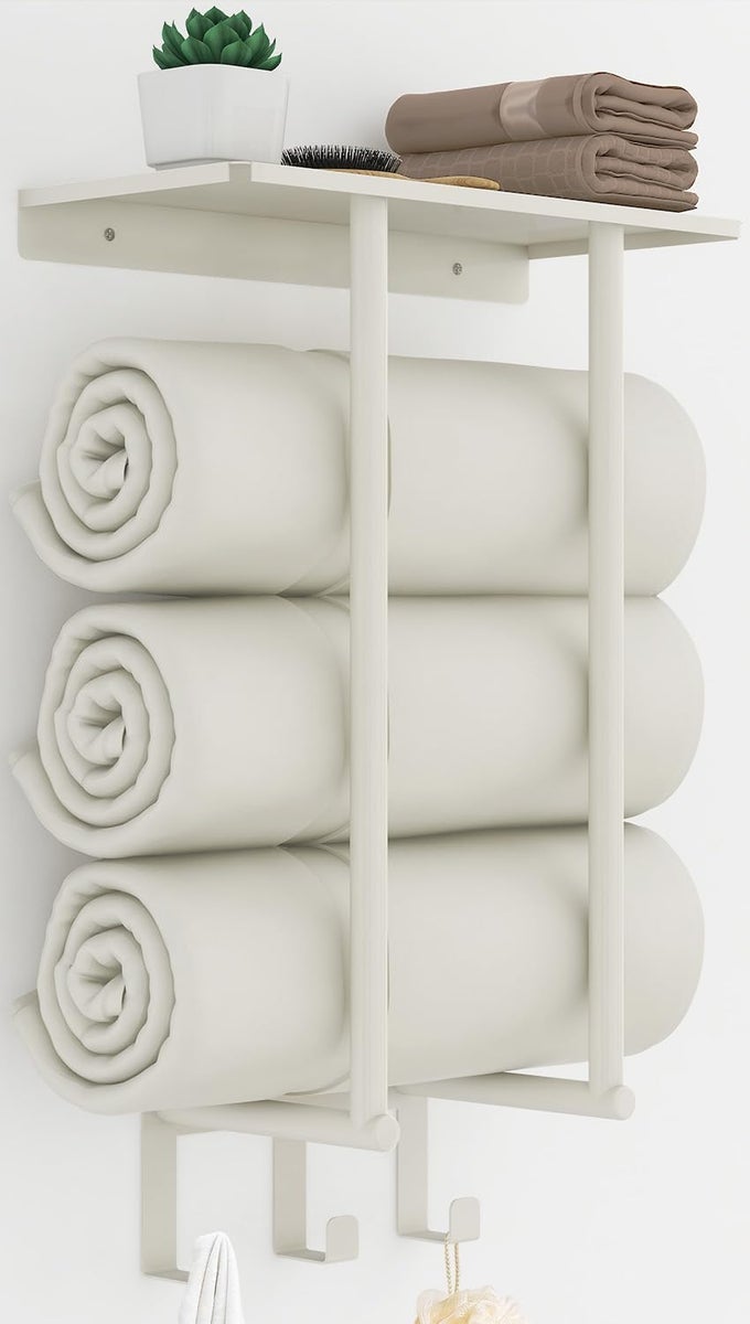 TOWEL RACK WITH SHELF AND 3 HOOKS TOWEL HOLDERS FOR BATHROOM WALL MOUNTED METAL WHITE TOWEL RACKS CAN HOLD 3 LARGE BATH SHEETS BLANKET