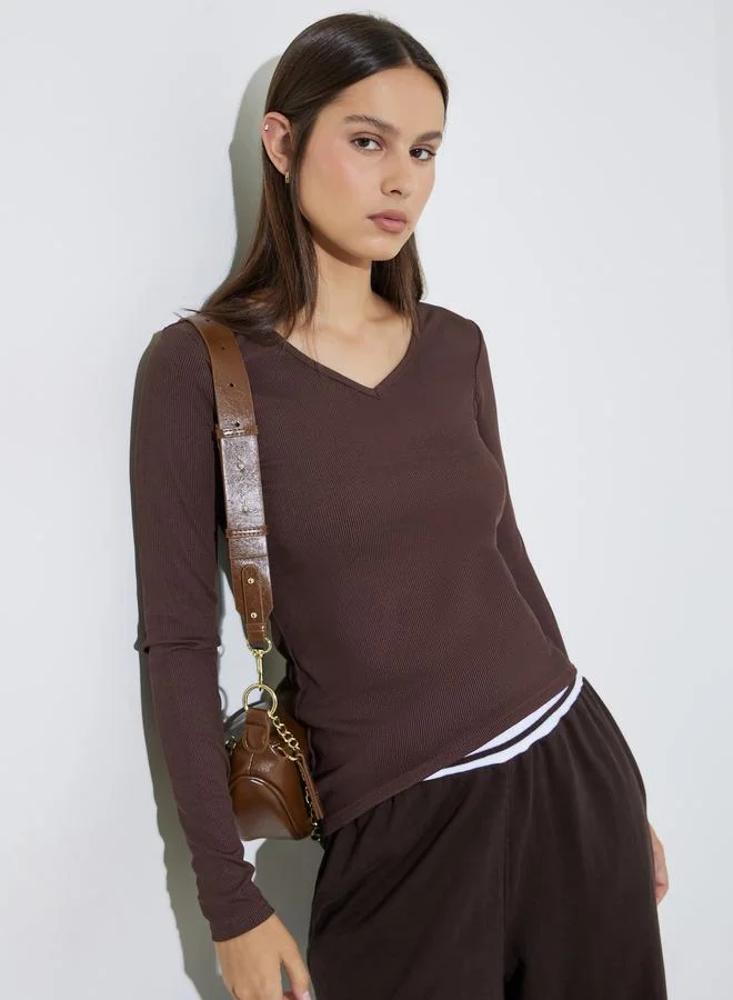 Styli Brown Ribbed Knit Long Sleeve Top