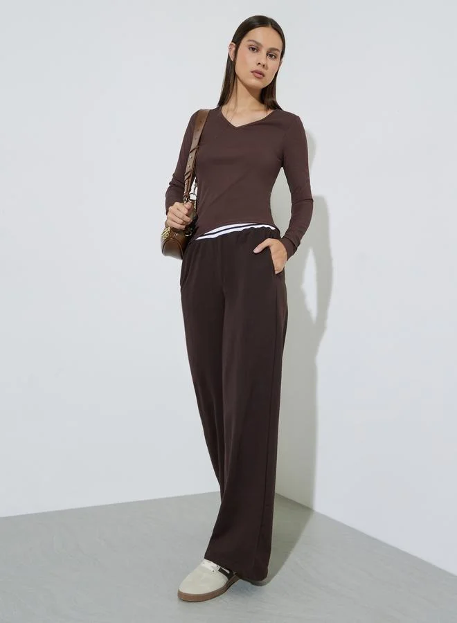 Styli Brown Ribbed Knit Long Sleeve Top