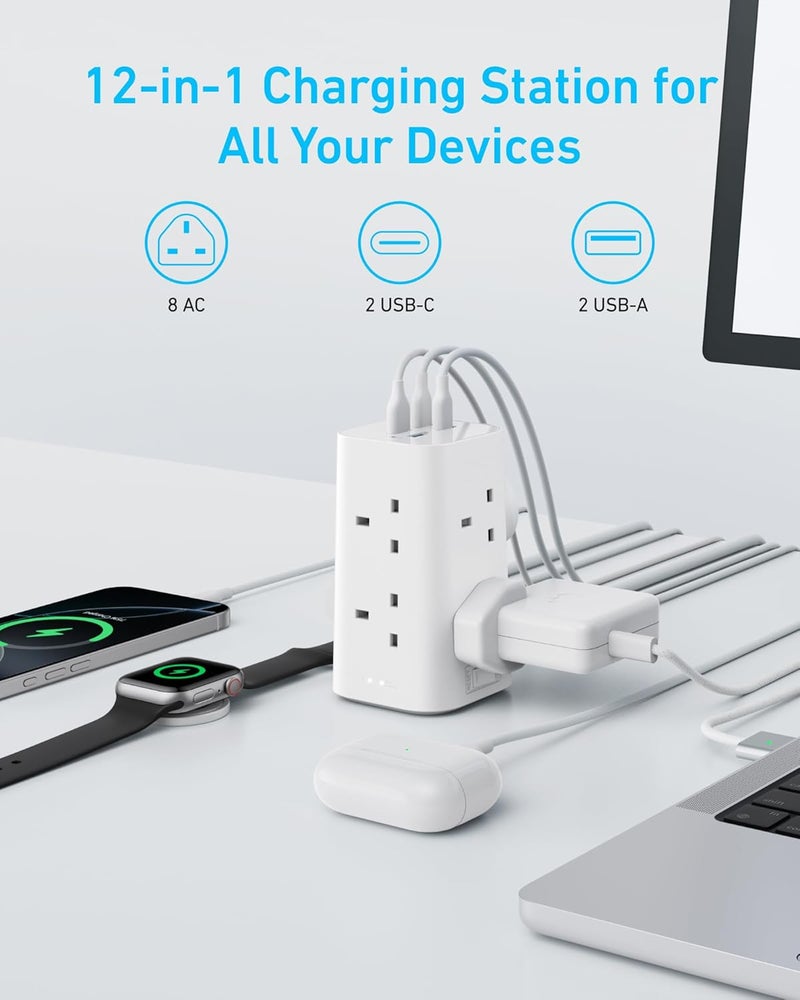 Anker Tower Extension Lead with USB Slots, 12-in-1 Surge Protector Plug Extension Socket with Switch (13A, 2990W), 20W USB C Fast Charging Power Strip, 8 AC Outlets, 4 USB Ports, 2m Extension Cable - Image 3