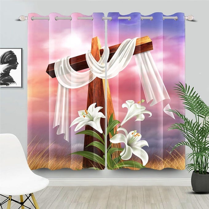 EASTER BLACKOUT CURTAINS HE IS RISEN JESUS CROSS CURTAIN DRAPES LILY FLORAL SUNSET WINDOW CURTAINS FOR CHRISTIAN CHURCH ACTIVITIES HOME OFFICE BEDROOM LIVING ROOM DECOR 21X45 INCH 2 PANELS