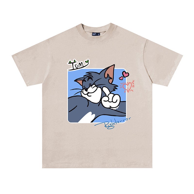 Couple Wear Heavyweight Pure Cotton T-Shirt Short-Sleeved Digital Direct Printing Trendyy Ins Cat And Mouse Top - Image 1