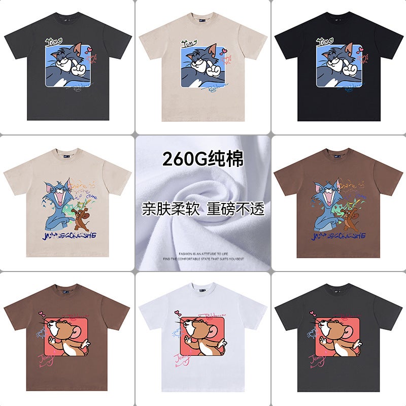 Couple Wear Heavyweight Pure Cotton T-Shirt Short-Sleeved Digital Direct Printing Trendyy Ins Cat And Mouse Top - Image 5