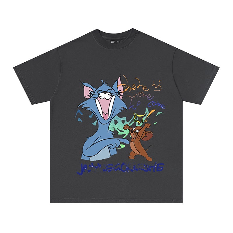 Couple Wear Heavyweight Pure Cotton T-Shirt Short-Sleeved Digital Direct Printing Trendyy Ins Cat And Mouse Top - Image 3