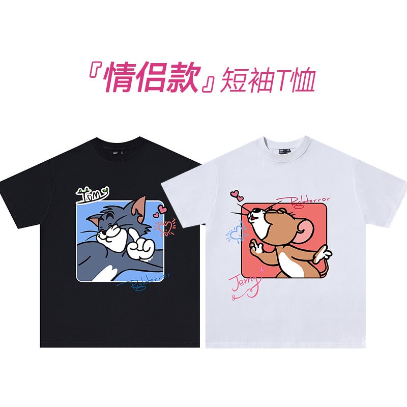 Couple Wear Heavyweight Pure Cotton T-Shirt Short-Sleeved Digital Direct Printing Trendyy Ins Cat And Mouse Top - Image 2